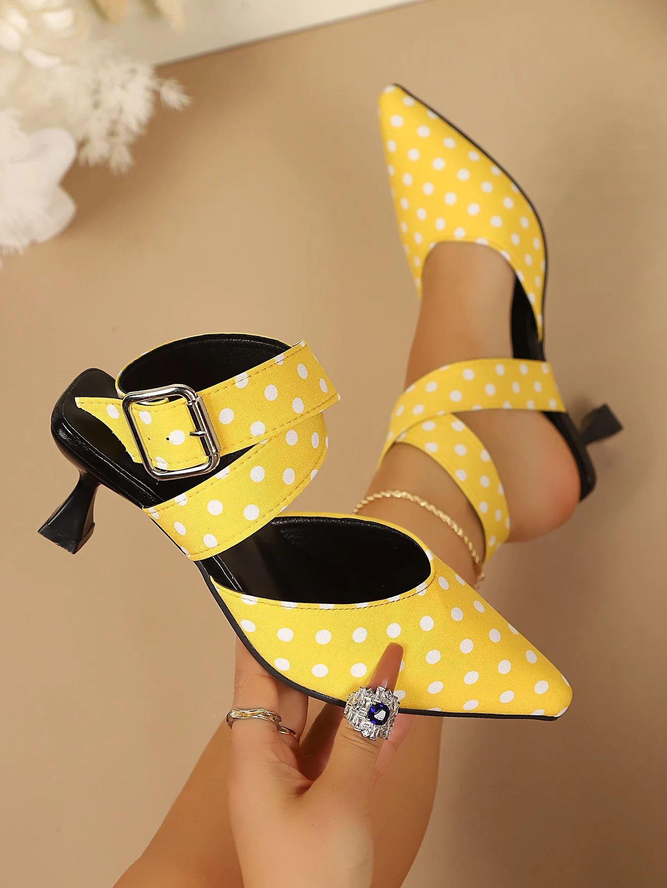 New Polka Dot Slip-On Buckle Strap Elegant Footwear for Women