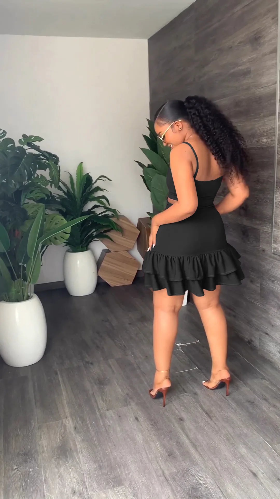 European and American Fashion Sling Low-cut Ruffled Mini Dress