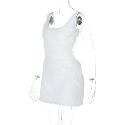 Furry Mini White Dress Hipster Spaghetti Strap Low Cut Backless Body-Shaping Vestidos Birthday Party Clubwear