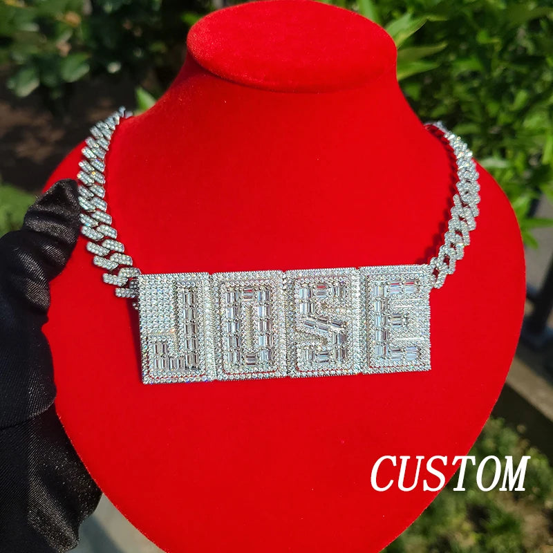 Square Letters Cubic Zircon Name Necklace Personalized Nameplate With Rhinestone Cuban Chain Jewelry
