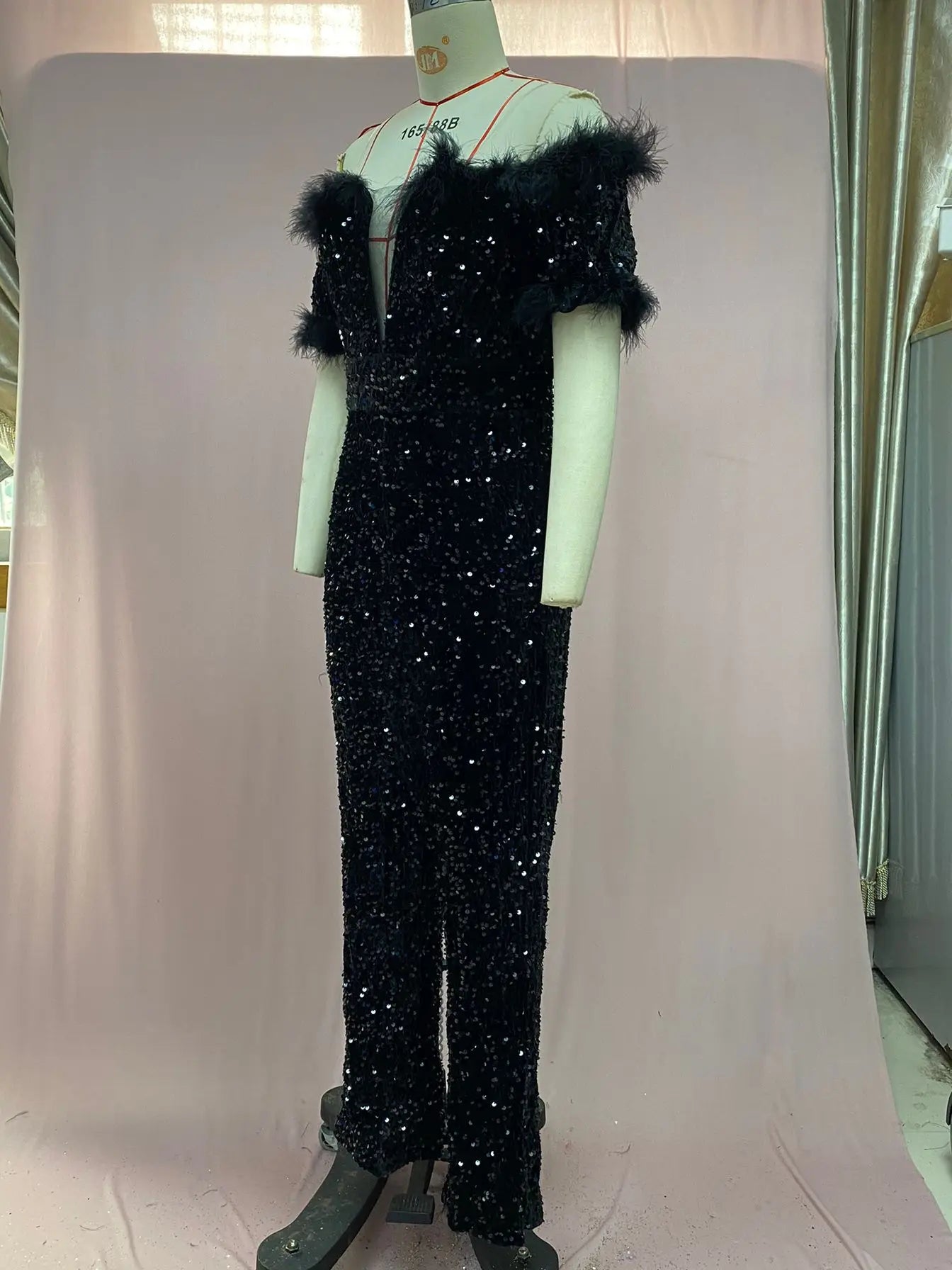 Kehinde Black Fur Off shoulder V-neck Sequin Jumpsuits (New)