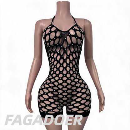 Hollow-out Rhinestone Patchwork Bodycon Halter Sleeveless Backless Lingerie