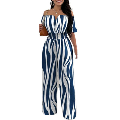 Fashion Off Shoulder Casual Plain Short Sleeve Shirred Waist Daily Long Wide Leg Jumpsuit