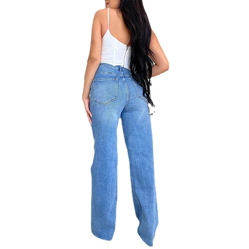 Joan's Wide Leg Pants Denim High Waist Zipper Fly Washing Holes Pockets High Street Jeans