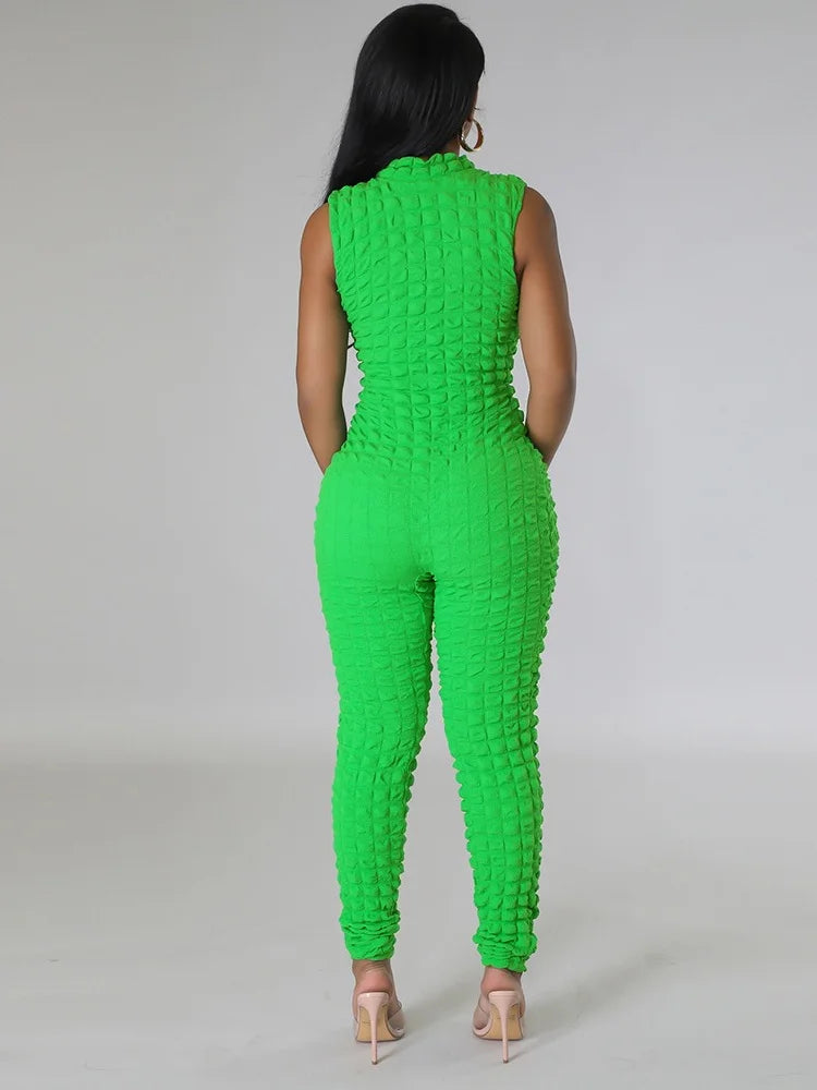 Sleeveless Popcorn Bubble Fabric Front Zipper Jumpsuits