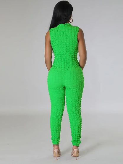 Sleeveless Popcorn Bubble Fabric Front Zipper Jumpsuits