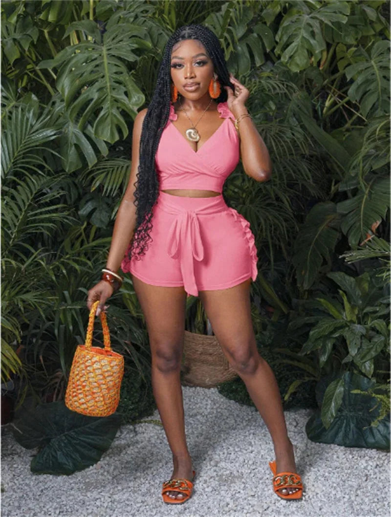 Ruffles V-neck Tank Crop Top and Lace-up Short Sets