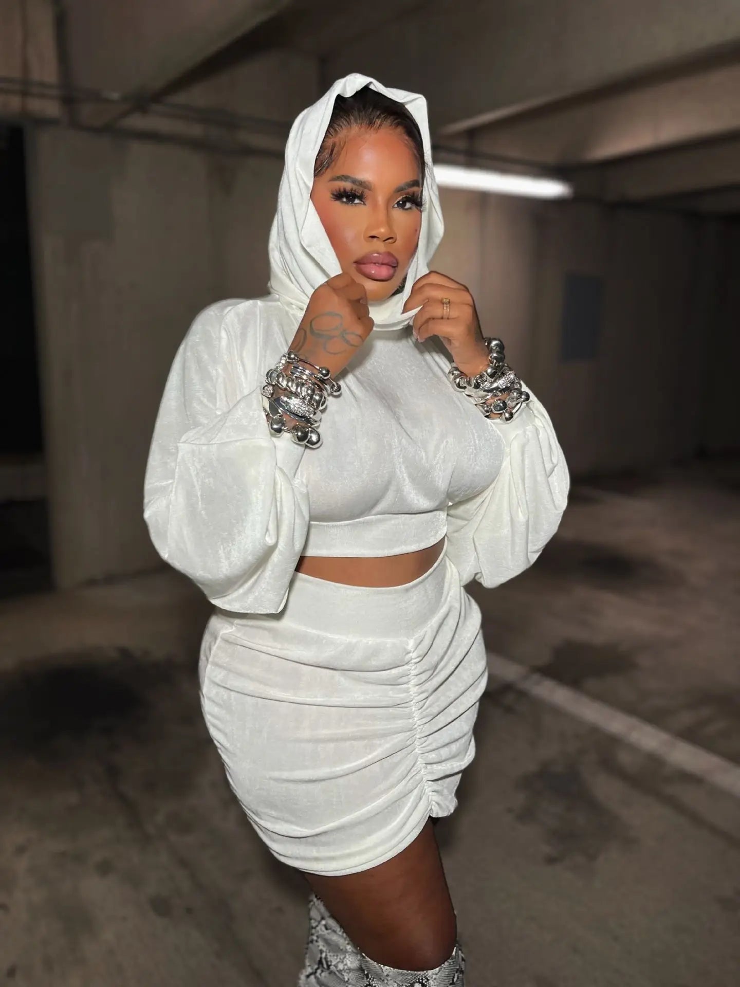Lantern Sleeve Hooded Pullover Top + Ruched Bodycon Mini Skirt Set