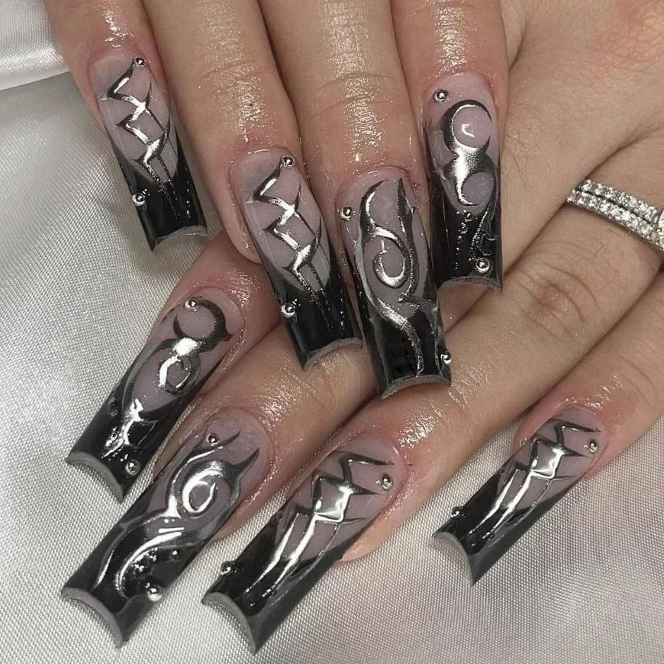 24Pcs Blue Long False Nails Butterfly Ballet French Cartoon  Wearable Fake Nails Full Cover Design Press on Nails Tips Art