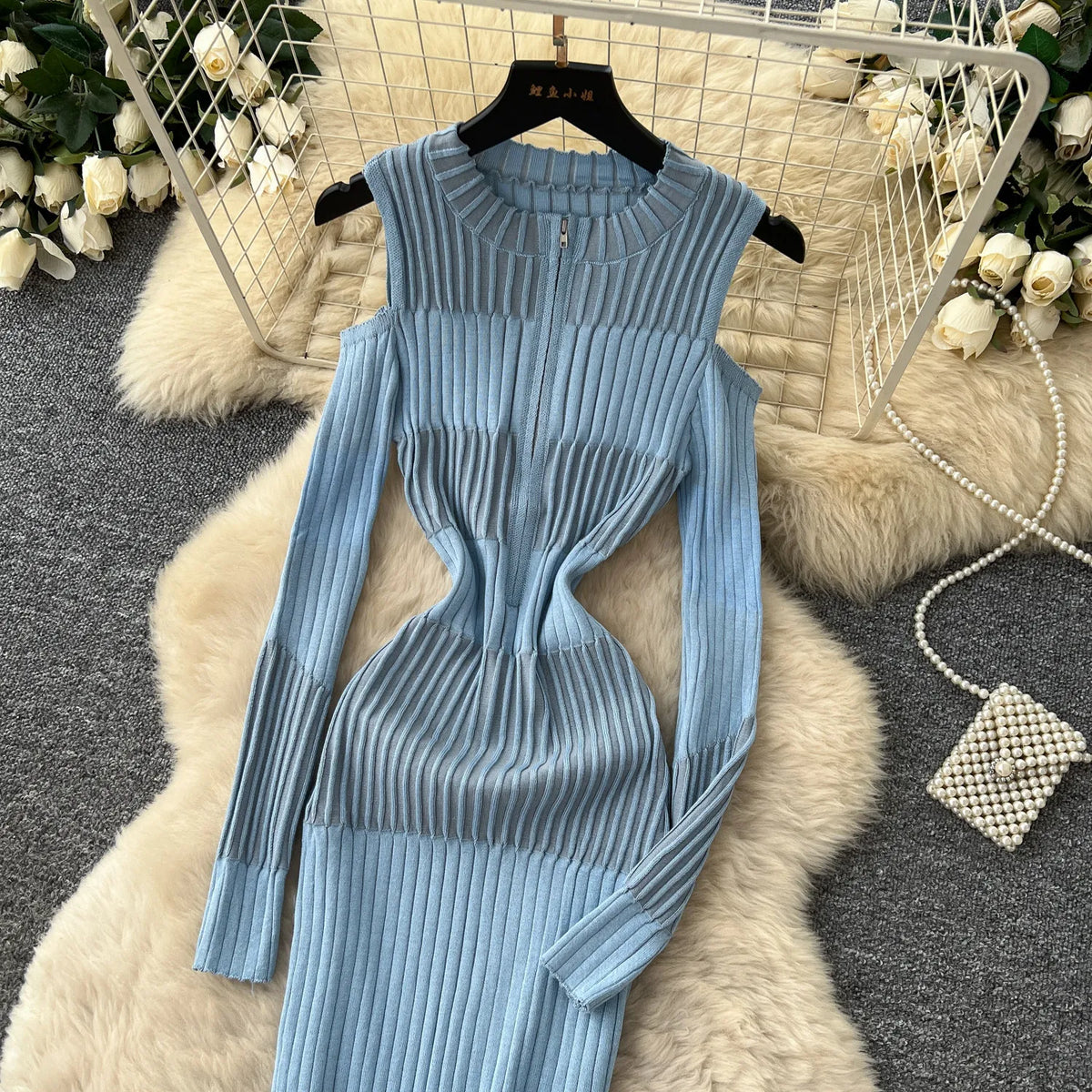 Cold Shoulder Long Sleeve Ribbed Knit Bodycon Midi Dress Elegant Fall Winter