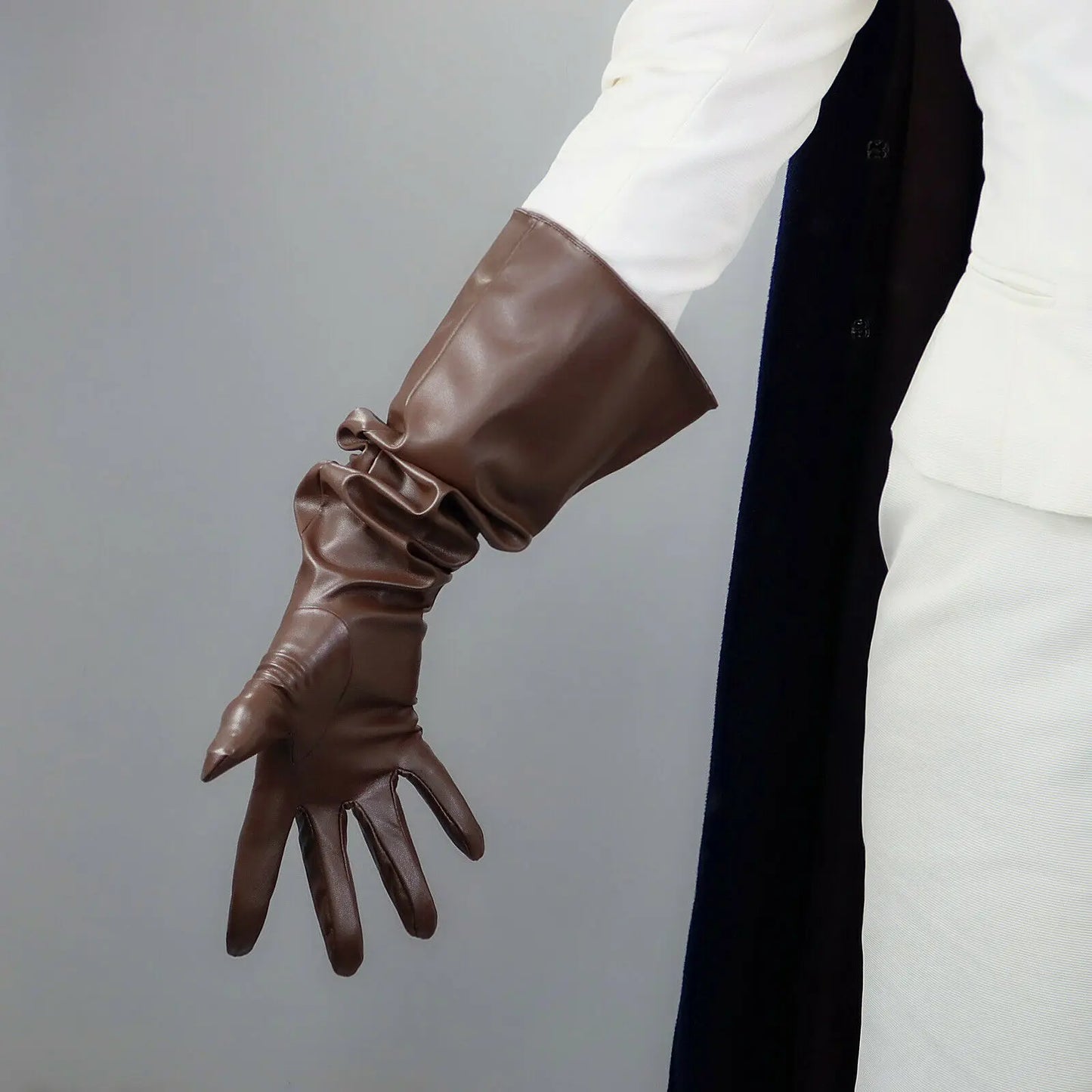 Dora Brown Leather Gloves Oversize Big PUFF SLEEVE Faux PU Over Outfit Coffee Loose L Winter Warm Club Halloween Cosplay Glove