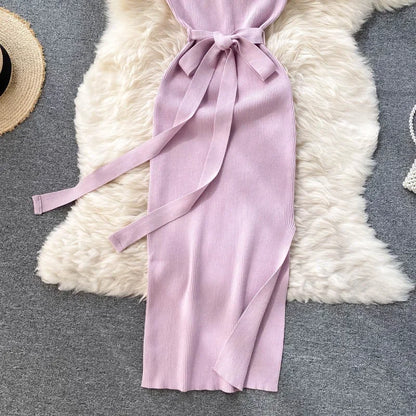 Chic Split Knitted Elastic Bodycon Dresses Streetwear