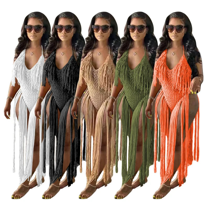 Knitted Tassel See Through Holiday Beach Bodysuits