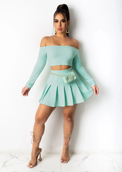 Pleated Mini Skirt Sets Women 2 Pieces  (Vacationing Outfits)