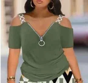 Metal Chain Off Shoulder Strap Tshirt + Short Sets