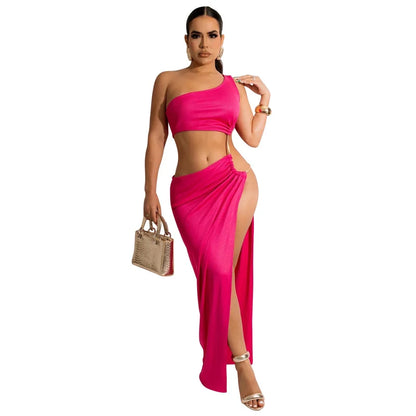 Hollow Out One Shoulder Skew Collar Maxi Dresses
