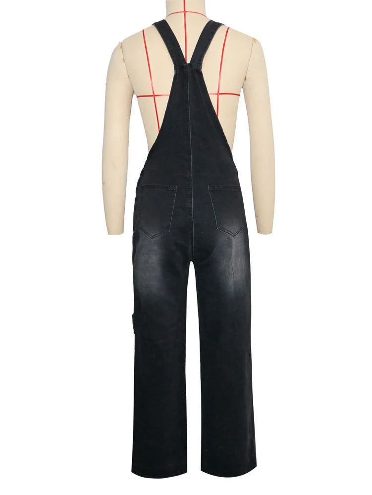 Loose High Waisted Zipper Denim Cargo Jumpsuits