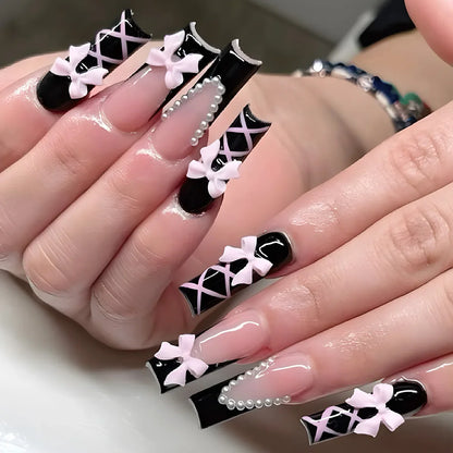 24Pcs Long Square Press on Nails Leopard Print French 3D Cherry Design False Nail Rhinestone Wearable Full Cover Fake Nails Tips