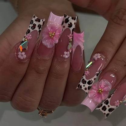 24Pcs Long Ballet False Nails Pink Butterfly with Rhinestones French Design Wearable Fake Nails Glitter Press on Nails Tips Art