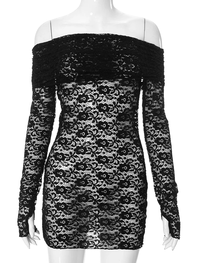 Khadija Hollow Mesh Patchwork Long Sleeve Slash Neck Mini Bodycon Dress