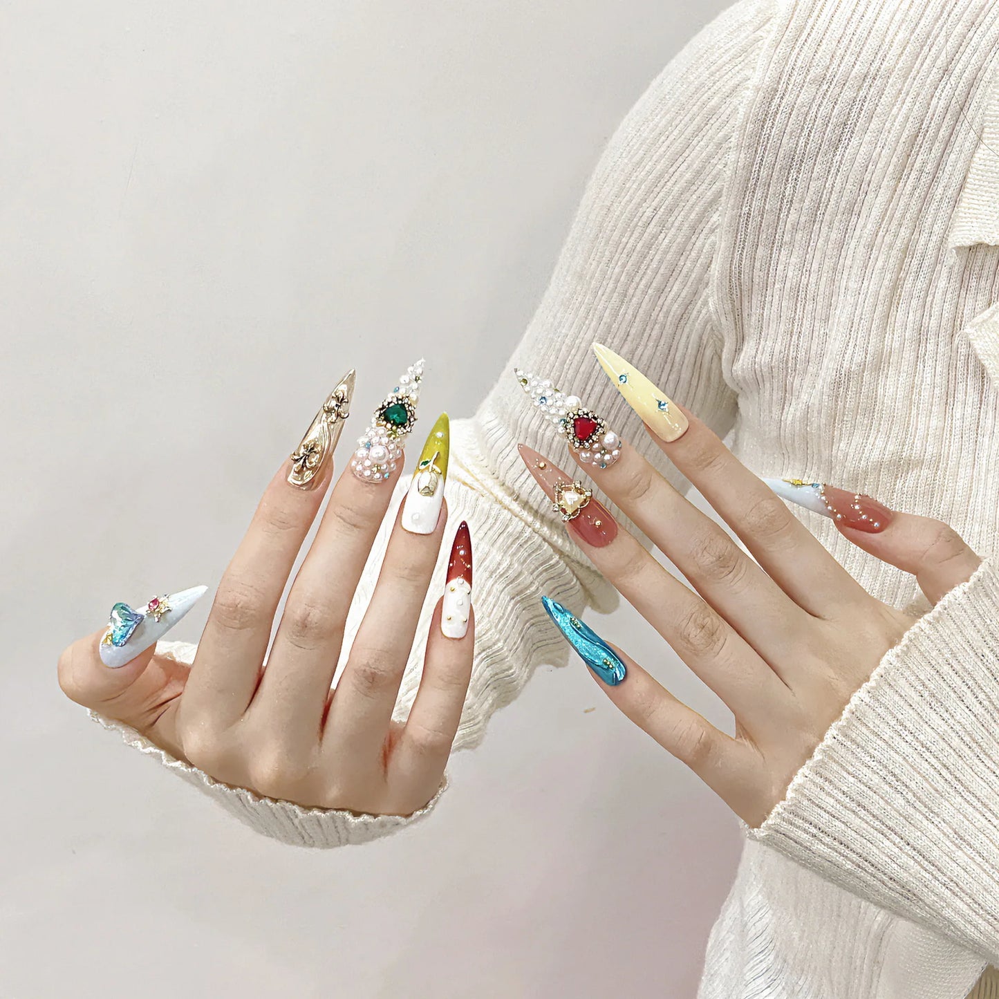 Macaron Palace Fairy Tale Dream Press On Nails Extra Long Stiletto 3D Pearl Cluster Vintage Crystal Metal Embossment Heavy Duty