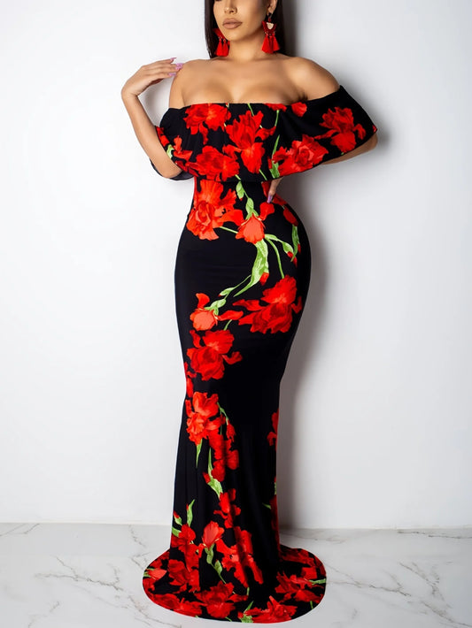 Rose Sunflower Floral Print Strapless  Bodycon Slash Neck Off Shoulder Short Sleeve Polyester Xtra Maxi Dress