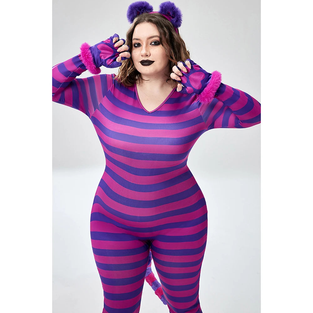 Plus Size Halloween Costume Purple Long Sleeve Stripe Cosplay Kitten Knitted Jumpsuit (With Headwear And Gloves)