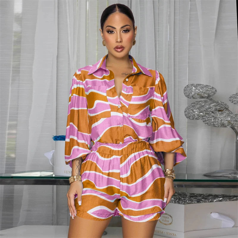 Collar Button Long Sleeve Shirt Top + Short Sets