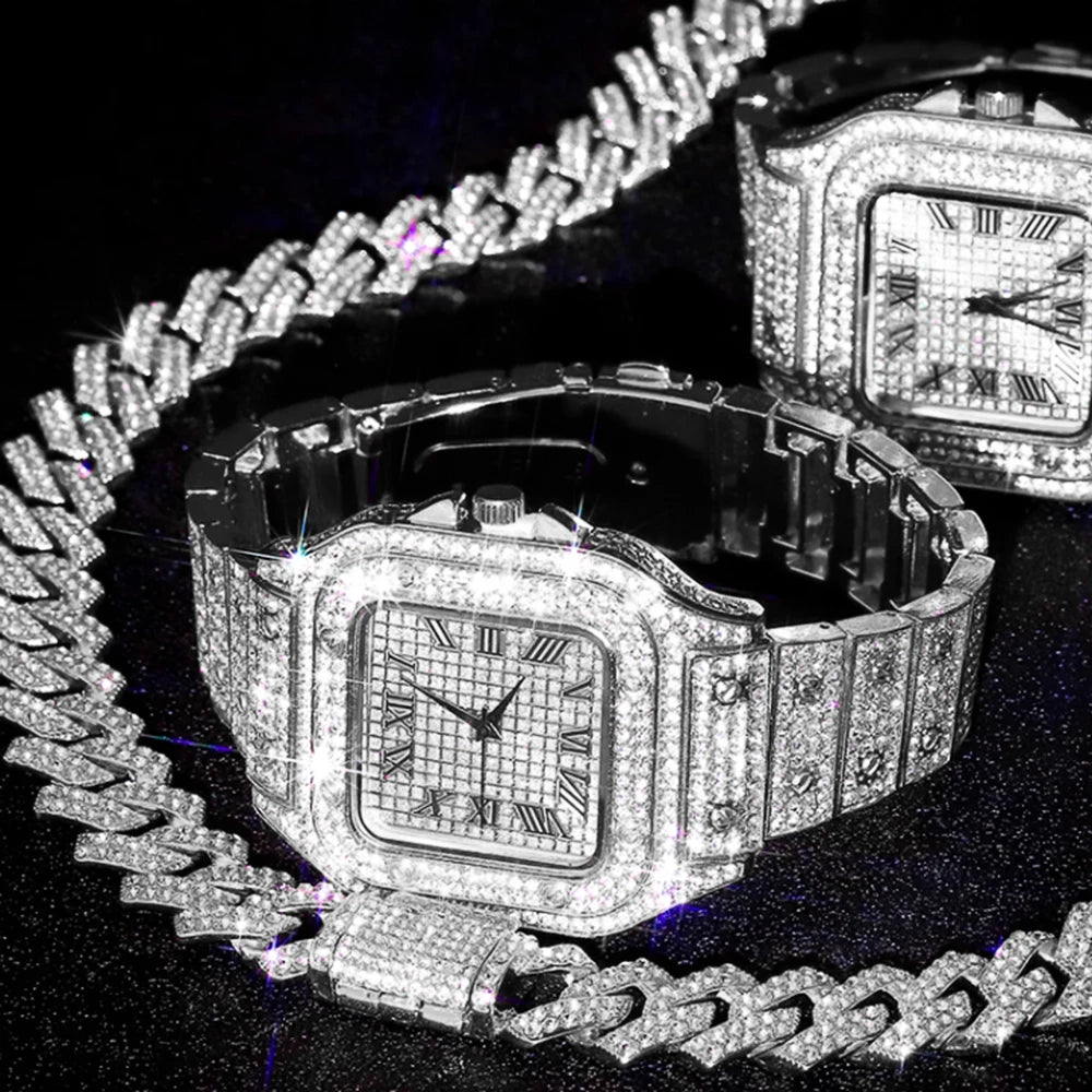 3pcs Set Hip-hop Punk Inlay Diamond Square Watch+Cuban Chain+Bracelet Comes With Strap Adjuster Stylish Jewelry