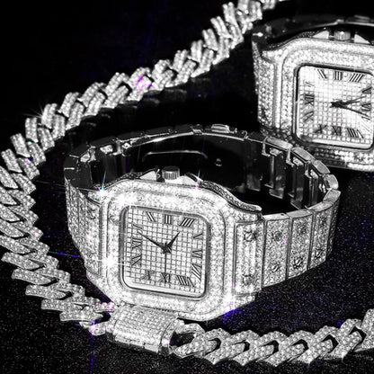 3pcs Set Hip-hop Punk Inlay Diamond Square Watch+Cuban Chain+Bracelet Comes With Strap Adjuster Stylish Jewelry