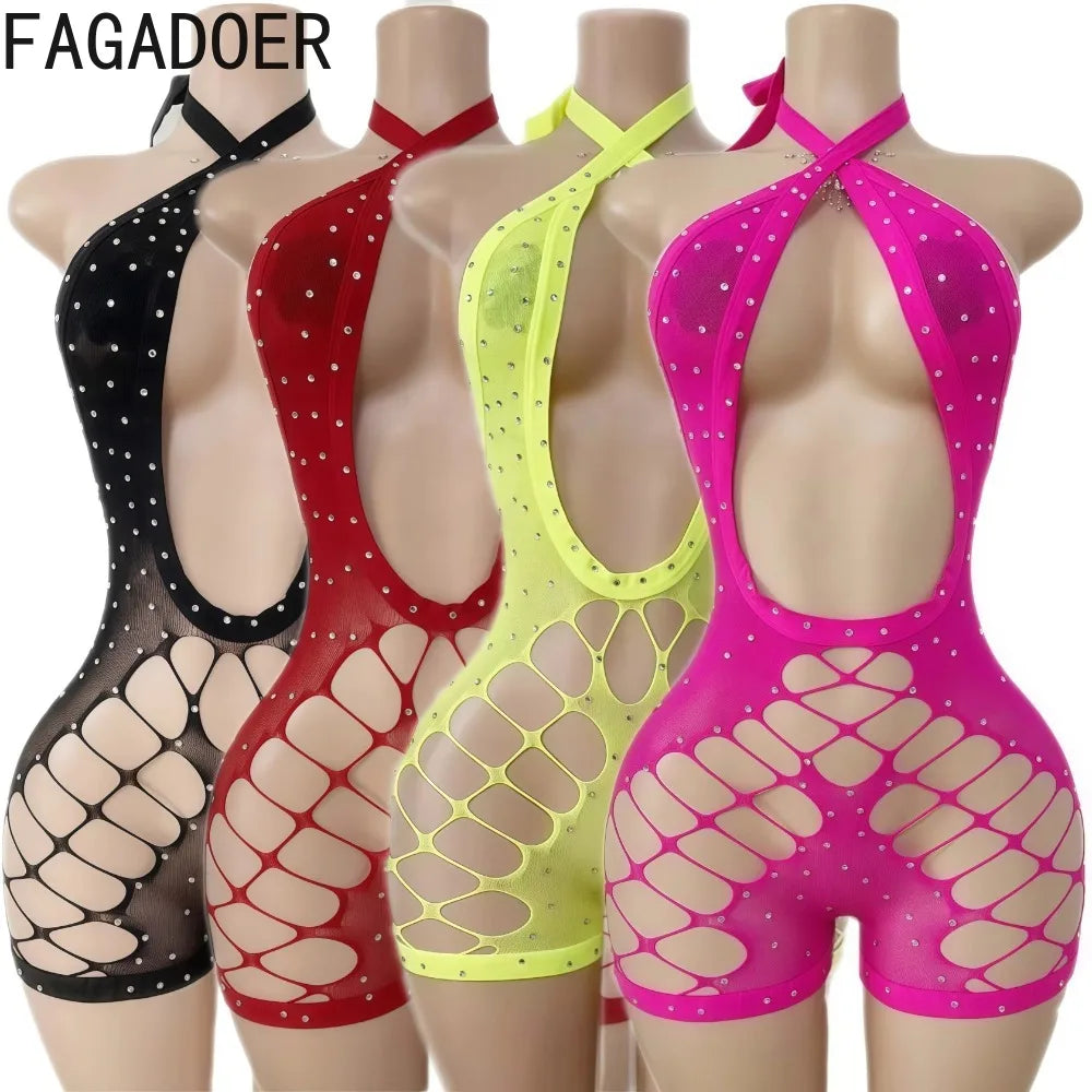 Hollow-out Rhinestone Patchwork Bodycon Halter Sleeveless Backless Lingerie