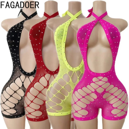 Hollow-out Rhinestone Patchwork Bodycon Halter Sleeveless Backless Lingerie