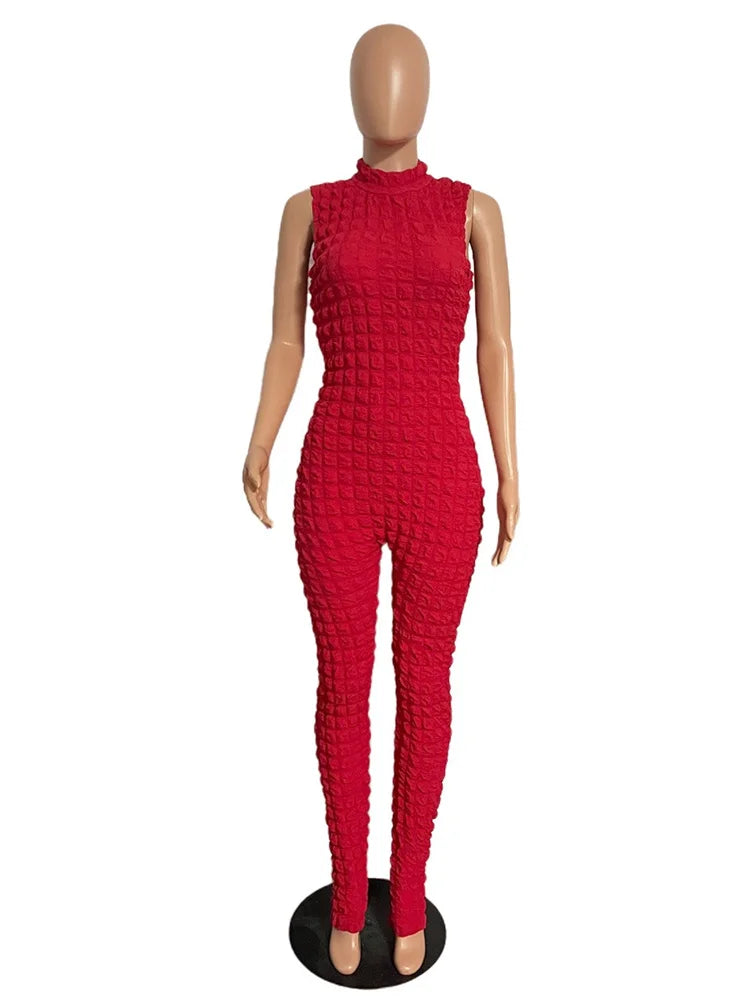 Sleeveless Popcorn Bubble Fabric Front Zipper Jumpsuits