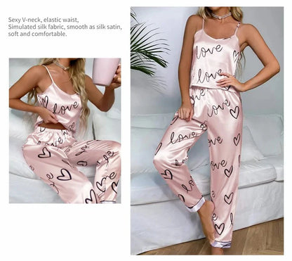 Satin Silk Cami Vest Shirt + Trouser Nightwear