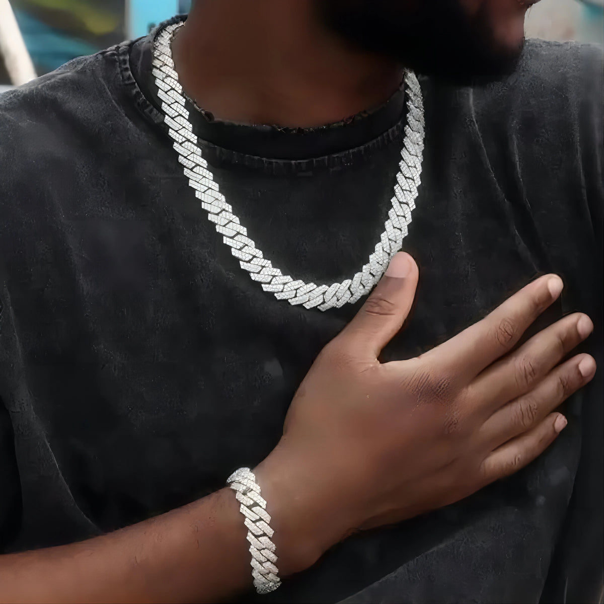 Punk Cuban Chain Stylish Sliver Cuban Chain+Bracelet 2-in-1 Set Personality Trend Street Style Jewelry Gift