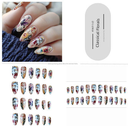 Classical Flower Oil Painting Wearing Armor Gilding Rose Nail Stickers Retro European American Style Artistic Finished Product Fake Nail Tip