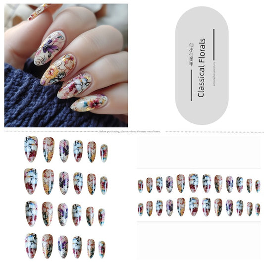 Classical Flower Oil Painting Wearing Armor Gilding Rose Nail Stickers Retro European American Style Artistic Finished Product Fake Nail Tip