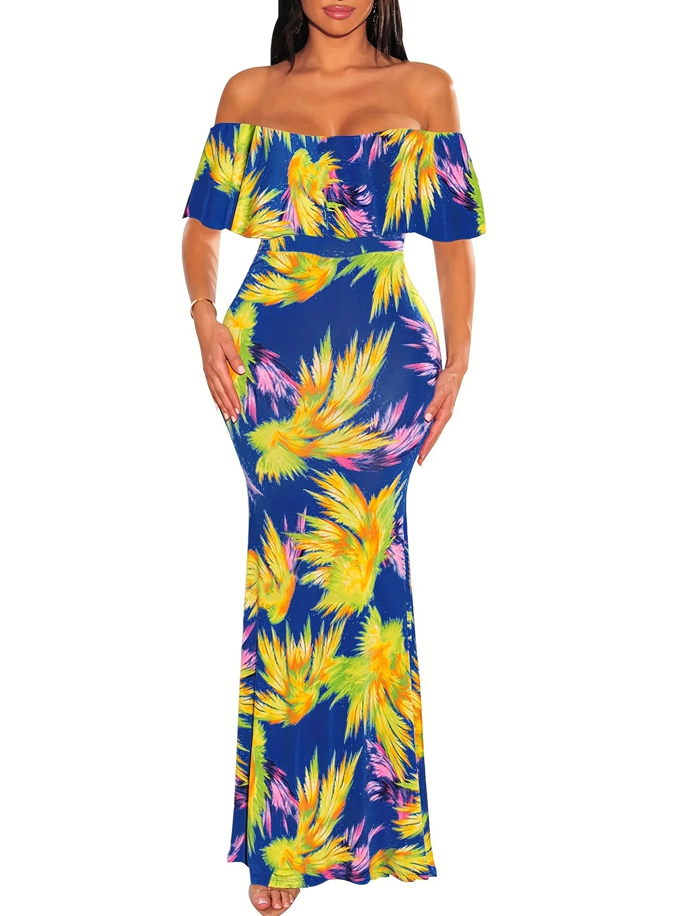 Rose Sunflower Floral Print Strapless  Bodycon Slash Neck Off Shoulder Short Sleeve Polyester Xtra Maxi Dress