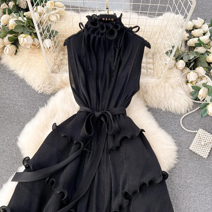 Stand Collar Lace Up Ruffles Boho Dresses