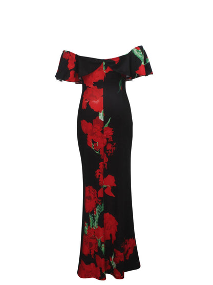Rose Sunflower Floral Print Strapless  Bodycon Slash Neck Off Shoulder Short Sleeve Polyester Xtra Maxi Dress