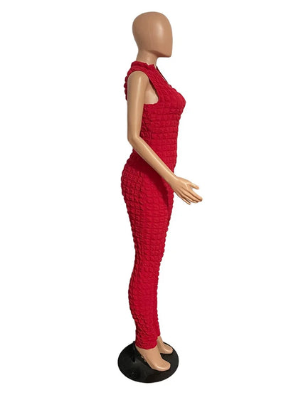 Sleeveless Popcorn Bubble Fabric Front Zipper Jumpsuits