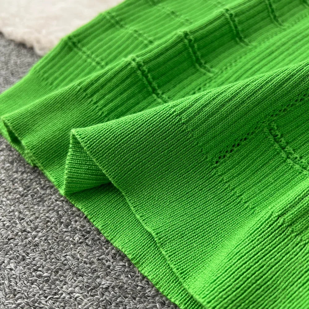 Knitted 2 Pcs. Buttons Crop Top Tanks + Slit Midi Skirt Set