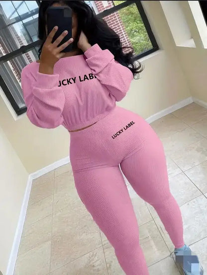 Winter Solid Lucky Label Letter Embroidery Two Piece Sets Women Sweatshirt+Leggings Casual Sporty Tracksuits Female