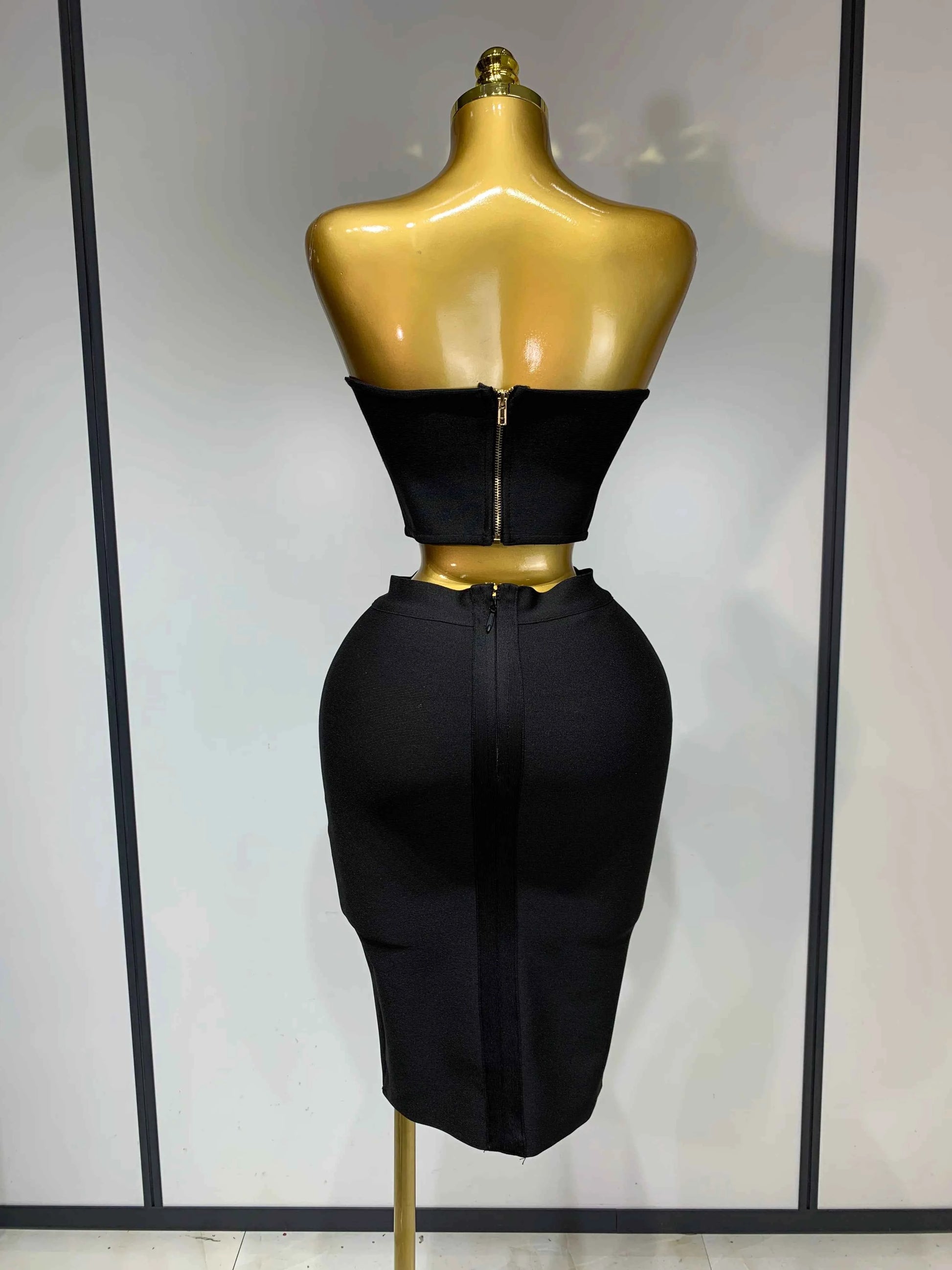 New Arrival 3D Flower Black Bodycon Bandage Designer High Waist Skirt Set