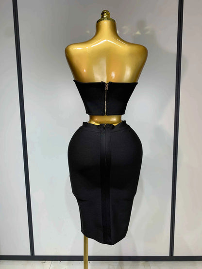 New Arrival 3D Flower Black Bodycon Bandage Designer High Waist Skirt Set