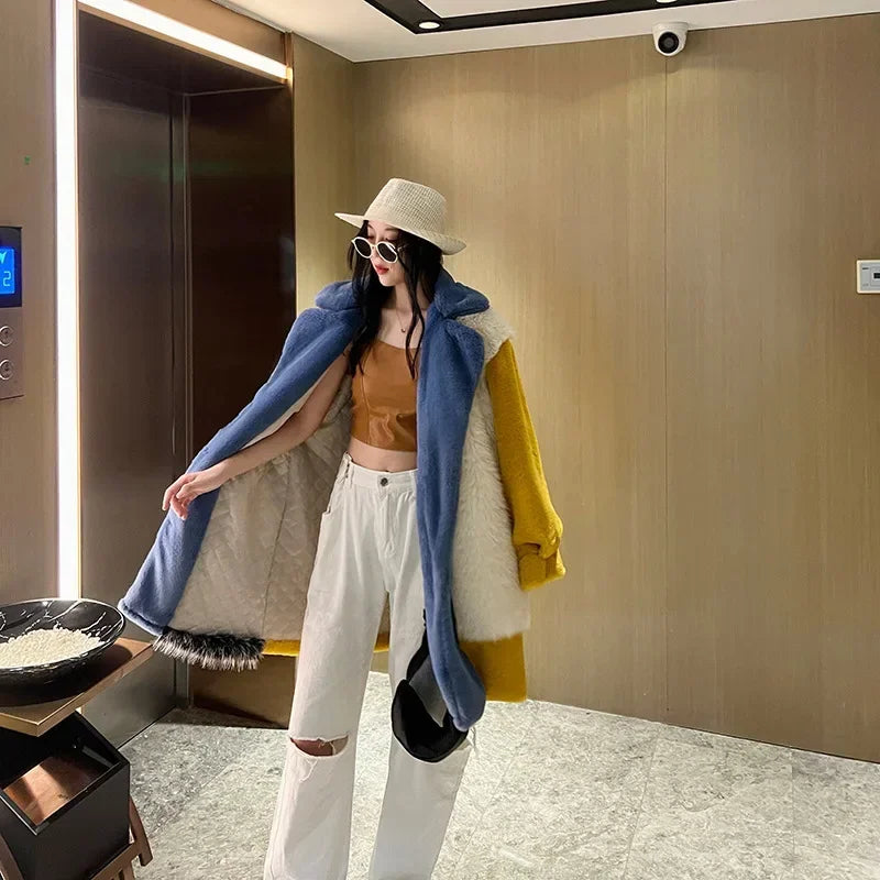 Winter Faux Fur Jackets for Women Furry Warm Splicing Contrast Color Blue Faux Fur Coat Long Jacket Cardigan Women