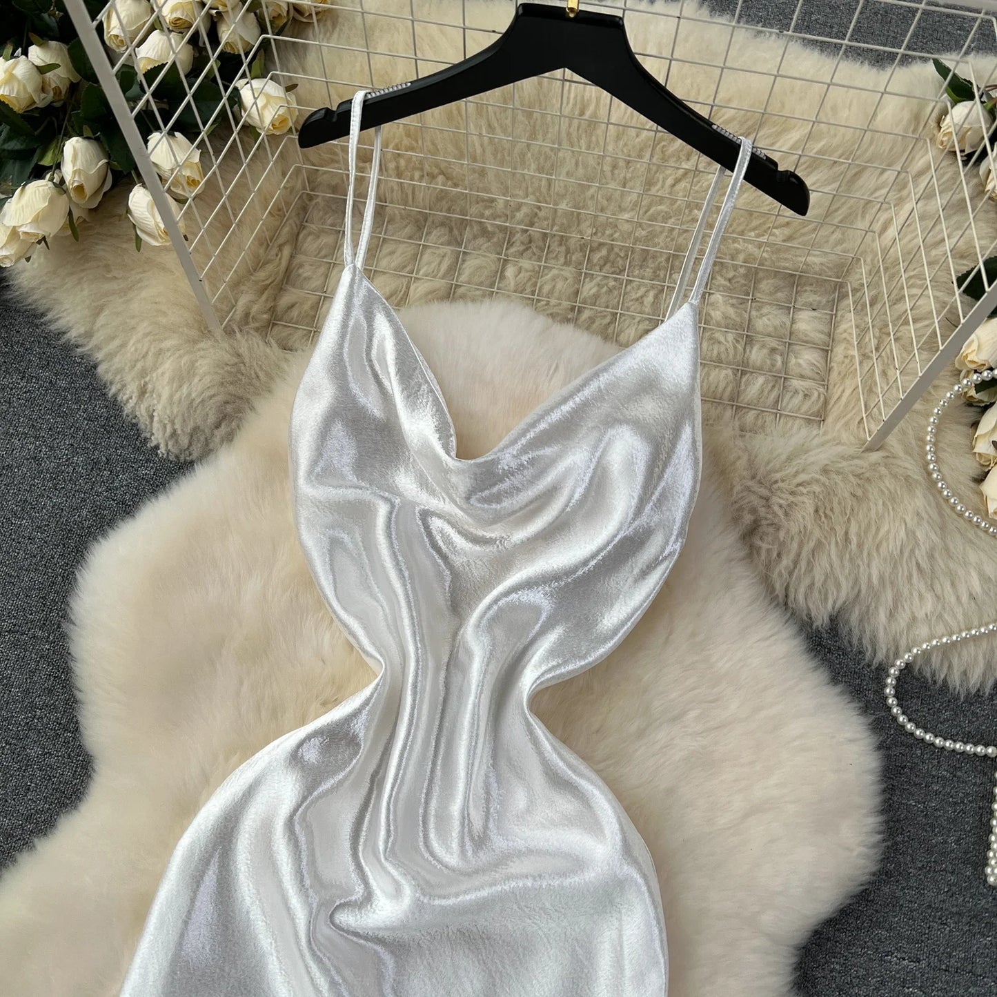 White Spaghetti Strap Satin Glowing Dresses