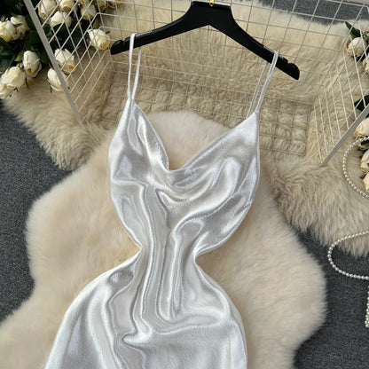 White Spaghetti Strap Satin Glowing Dresses