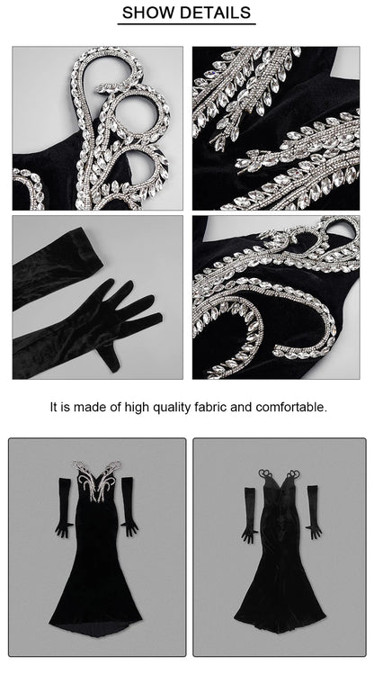 V Neck Black Velvet Maxi Long Luxury Gowns With Gloves