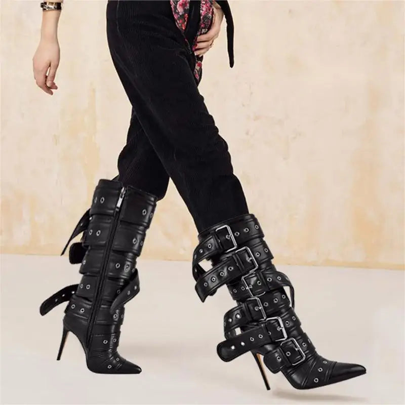 Mid-Calf Buckle Stiletto Boots